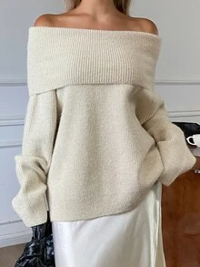 DAZY Solid Color Loose Off-Shoulder Long Sleeve Cold Shoulder Casual Vacation Korean Style Daily Versatile Autumn Winter Knit Sweater For Women - Apricot - View 4