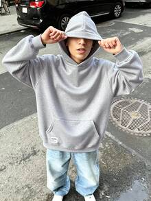 SHEIN Teen Boys Autumn Streetwear Graduation Minimalist Pullover Winter Sweatshirt,Casual College Style Comfortable Soft Fabric Basic Hooded Sweatshirt - Light Grey - View 2