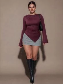 SHEIN BAE CURVE Atasan Kasual Sehari-hari Serbaguna untuk Wanita Ukuran Plus Warna Polos dengan Detail Kerut dan Potongan Pas Badan - Burgundy - View 6