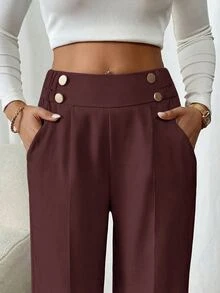 SHEIN PETITE CURVE Plus Size Women's Double Buckle Straight Leg Elegant Commuter Pants - Coffee Brown - View 4