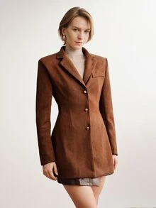 Briarwyn Autumn/Winter Suede Velvet Metal Button Waist-Cinching Commuter Blazer - Coffee Brown - View 5