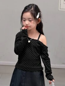 DAZY Tween Girl Polka Dot Print Asymmetric Collar Long Sleeve T-Shirt - Black - View 1
