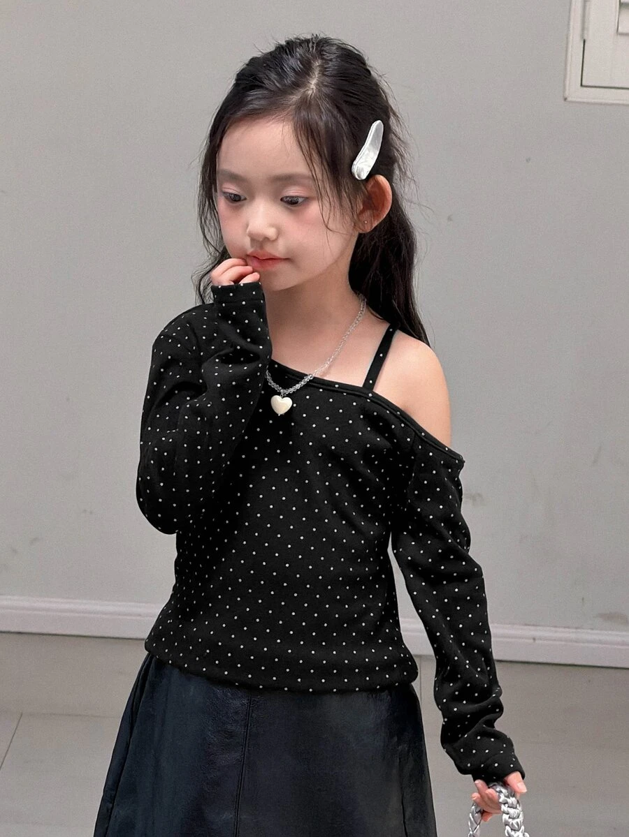 DAZY Tween Girl Polka Dot Print Asymmetric Collar Long Sleeve T-Shirt - Black - View 1
