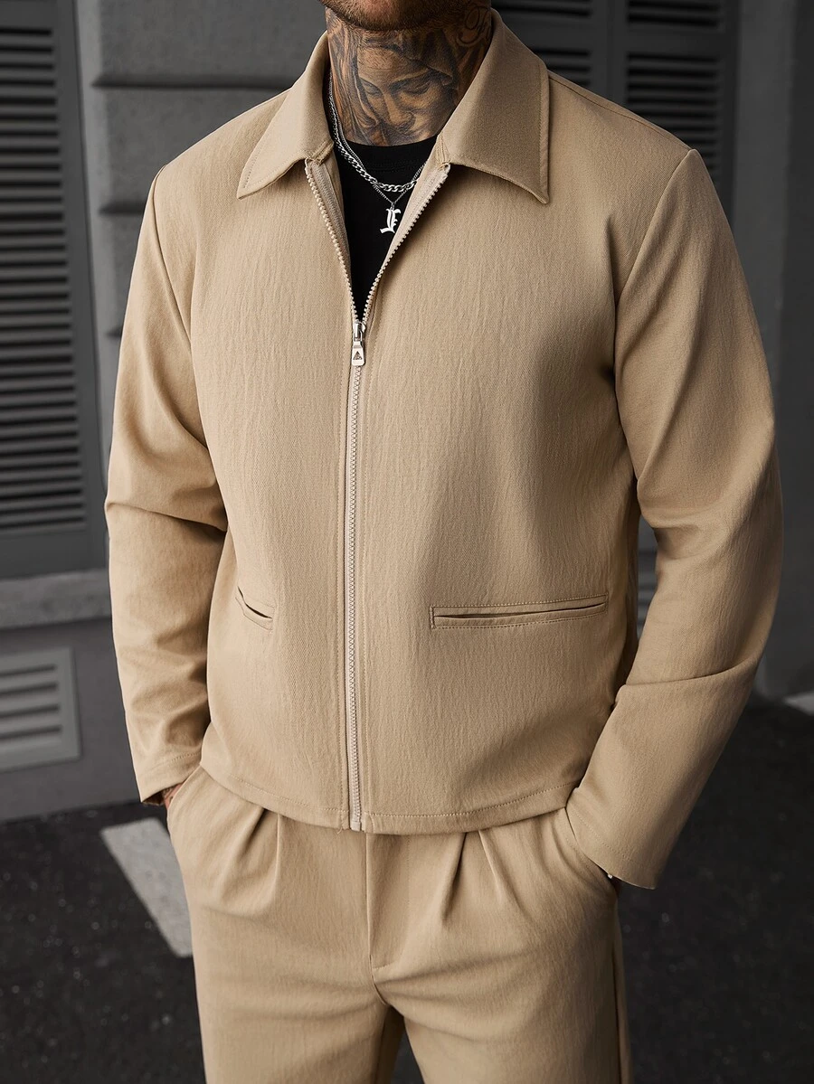 SLATEMANN Men's Solid Color Long Sleeve Zipper Front Jacket And Pants Casual Set - Khaki - View 1