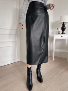 Dazy Tall Women's Long Straight PU Leather Skirt Elegant Skirt - Black - View 3