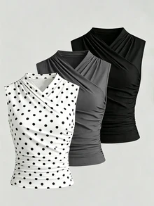 SHEIN LUNE 女款V領百褶修身休閒百搭背心 - 彩色 - 查看 1