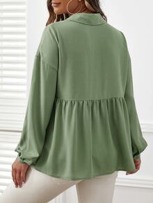 SHEIN Maternity Solid Color Pleated Casual Daily Long Sleeve Top - Green - View 4