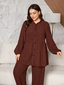 Lacomfia Plus Size Women Stand Collar, Lantern Split Long Sleeve, Fuzzy Textured, Split Stand Collar Shirt Top Patchwork Ribbed Casual Autumn Winter Loose Comfortable Two Pieces Set - Coffee Brown - View 3
