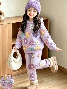 SHEIN Toddler Girls Floral Print Hoodie & Jogger Pants Set, Light Purple (2 Pcs) Fall Winter - Multicolor - View 1