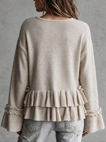 LUMIGAL Gentle Style Round Neck Frill Trim Flared Long Sleeve Multi-Layer Cake Hem Drop Shoulder Pullover Women's Knit Top - Khaki - View 2