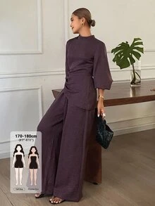 Dazy Tall Solid Color Fitted Waist Drawstring Stand Collar Long Sleeve Pullover Shirt & Wide Leg Pants Elegant Vacation Spring Autumn Women 2pcs Set - Coffee Brown - View 1