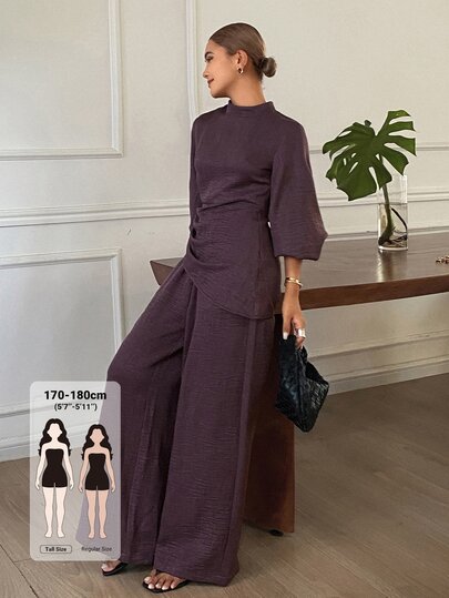 Dazy Tall Conjunto de 2 peças para mulher, camisa pullover de manga comprida com gola alta, cintura ajustada com cordão e calças perna larga, cor lisa, elegante, para férias, primavera e outono