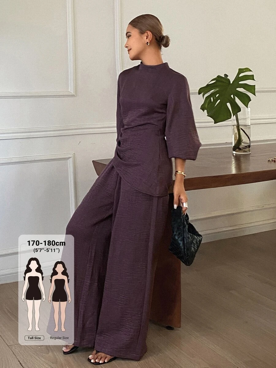 Dazy Tall Solid Color Fitted Waist Drawstring Stand Collar Long Sleeve Pullover Shirt & Wide Leg Pants Elegant Vacation Spring Autumn Women 2pcs Set - Coffee Brown - View 1