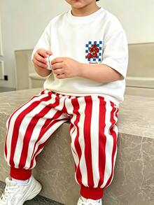 Kids Young Boy Autumn New Arrival Striped Casual Minimalist Loose Comfortable Sports Style Crew Neck Short Sleeve Pullover & Long Pants 2pcs Knit Set - Multicolor - View 3