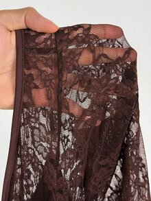Viva Relle Plus Size Elegant Asymmetrical Shoulder Slim Fit Long Sleeve Dress - Coffee Brown - View 7