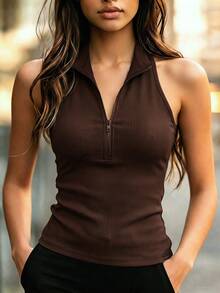 SHEIN Slim Fit Casual Vest With Half-Zip Stand Collar Design, Solid Color, Versatile For Multiple Styling Occasions - Coffee Brown - View 6