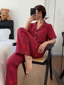 SHEIN 條紋愛心印花翻領短袖長褲女款睡衣套裝 - 彩色 - 查看 5