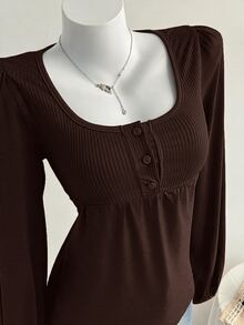 Comfortcana 女款黑色休閒 Y2K 拼接長袖鈕扣 T 恤，春季百搭，感恩節、新年女裝 - 棕色 - 查看 7