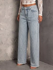 SHEIN MOD Women's Street Style Rhinestone Button Pocket Frayed Hem Jeans - Light Wash - View 5