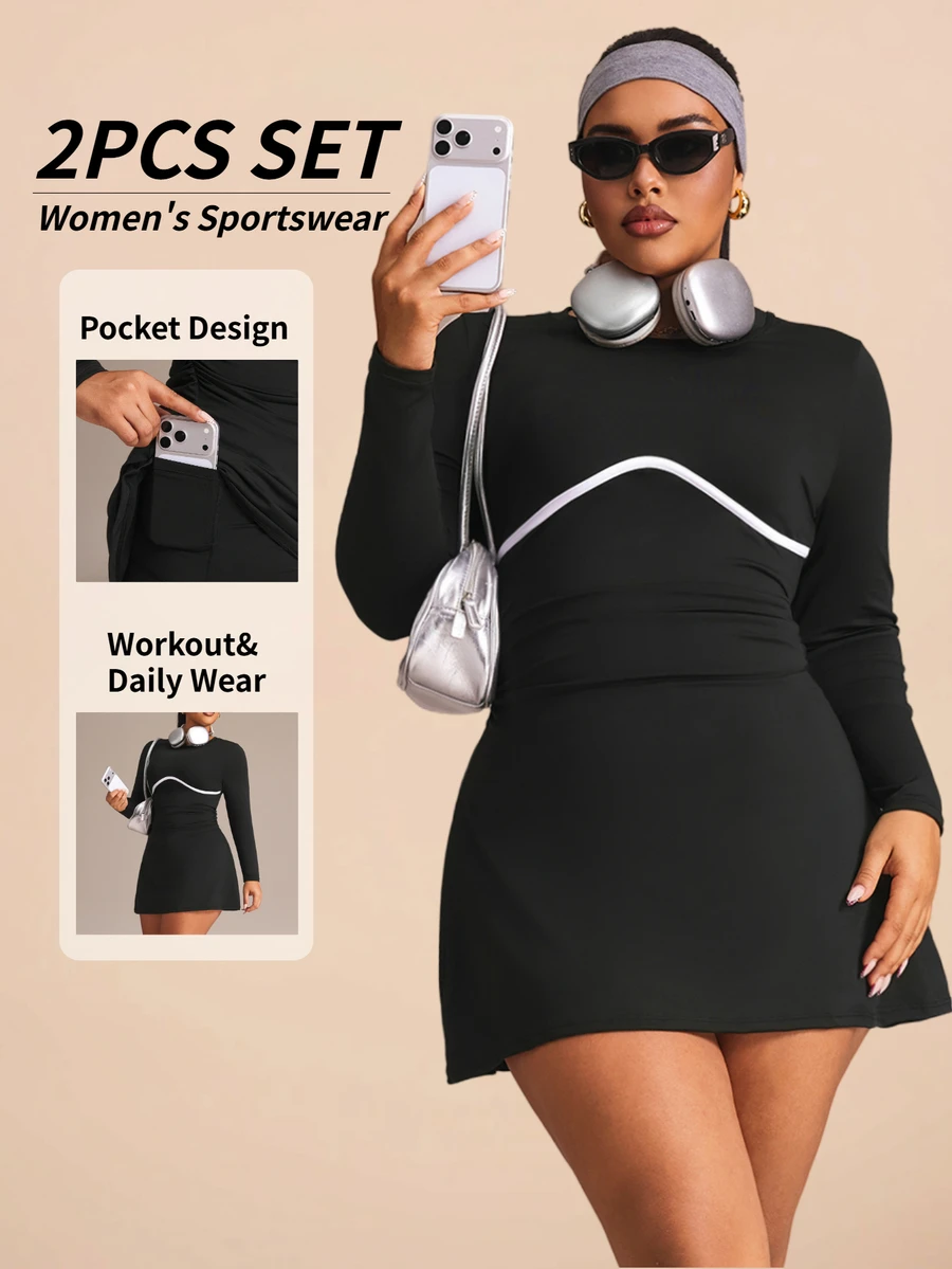 SHEIN Rhythm Era Women's Plus Size Round Neck Long Sleeve Sports Dress With Shorts Fall - Black and White - View 1