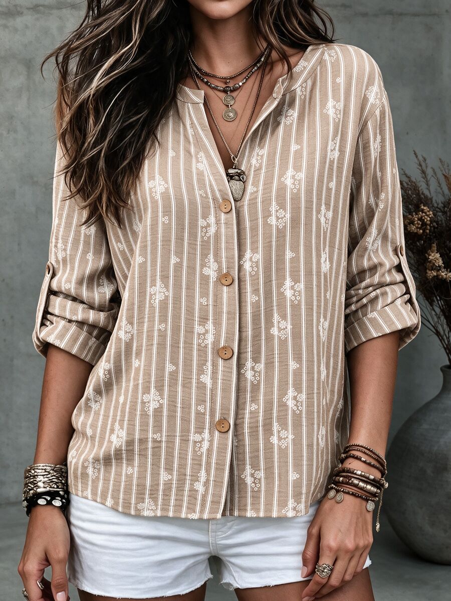 Ceyna Plus Size Women's French Casual Elegant Printed Striped Long Sleeve Shirt Fall - Apricot - View 1