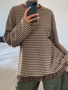 Dazy Tall Women's Round Neck Loose Striped Lace Patchwork Urban Casual T-Shirt - Brown - View 3