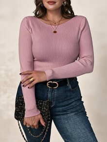 SHEIN Clasi 大尺碼女款淺杏色船領長袖打底上衣，秋冬基礎內搭針織套頭衫 - 粉色 - 查看 5