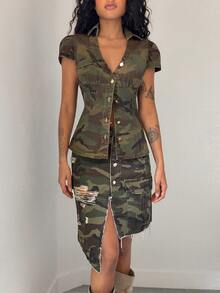 Jeanoix Women's Camouflage Single-Breasted Casual Daily Denim Jacket - Multicolor - View 4