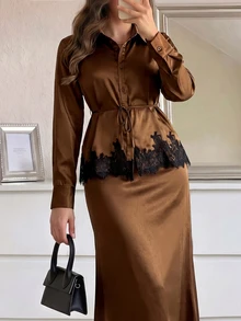 Modelyn Elegant Lace Patchwork Satin Drape Tie Long Sleeve Blouse & Full Skirt Two Pieces Set For Women Plus Size - Brown - View 5