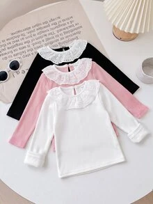 SHEIN 女嬰秋冬白色針織彼得潘領長袖上衣，附保暖內裡 - 白色 - 查看 4