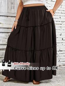 SHEIN CURVE+ 大尺碼休閒純色波希米亞風度假秋季裙 - 咖啡棕 - 查看 1