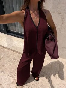 Firerie Women's Elegant 2 Pieces Set With V-Neck Halter Tank Top And Long Pants - Burgundy - View 8