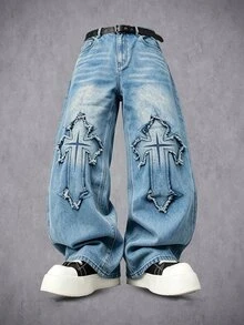 Manfinity Denimwave 男士街頭風哥德式十字印花黑白對比丹寧喇叭牛仔褲 - 淺色水洗藍 - 查看 2