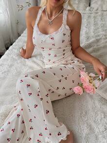 CottageSlumber Allover Cherry Print Lace Trim Spaghetti Strap Top & Pants PJ Set - White - View 4