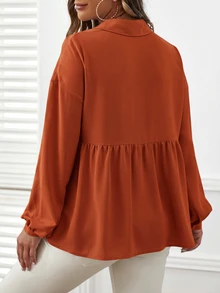 SHEIN 孕婦純色百褶休閒日常長袖上衣 - 紅木色 - 查看 4