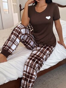 Dream Adore Casual Heart Print Short Sleeve Top & Plaid Print Long Pants Women Pajama Set - Coffee Brown - View 5