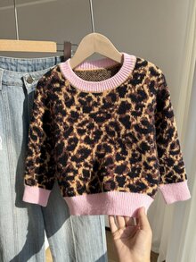 (女童) 粉色豹紋提花圓領套頭長袖毛衣，適合春季、秋季、冬季，可搭配牛仔褲、夾克、棉襖 - 彩色 - 查看 4