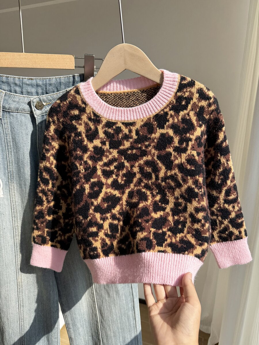 Young Girl) Pink Leopard Print Jacquard Round Neck Pullover Long Sleeve Sweater, Suitable For Spring, Autumn, Winter, Pairs Well With Jeans, Jackets, Padded Coats - Multicolor - View 1