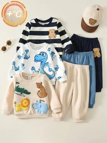 SHEIN 男女嬰兒/幼兒 3套組 秋冬保暖內裡休閒可愛拼接運動衫套裝，嬰兒冬季套裝，聖誕款 - 酒紅色 - 查看 3