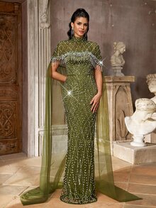 Aureia Elegant Champagne Sequin Embroidered Mesh Patchwork Stand Collar Shawl Strapless Long Evening Gown - Green - View 1