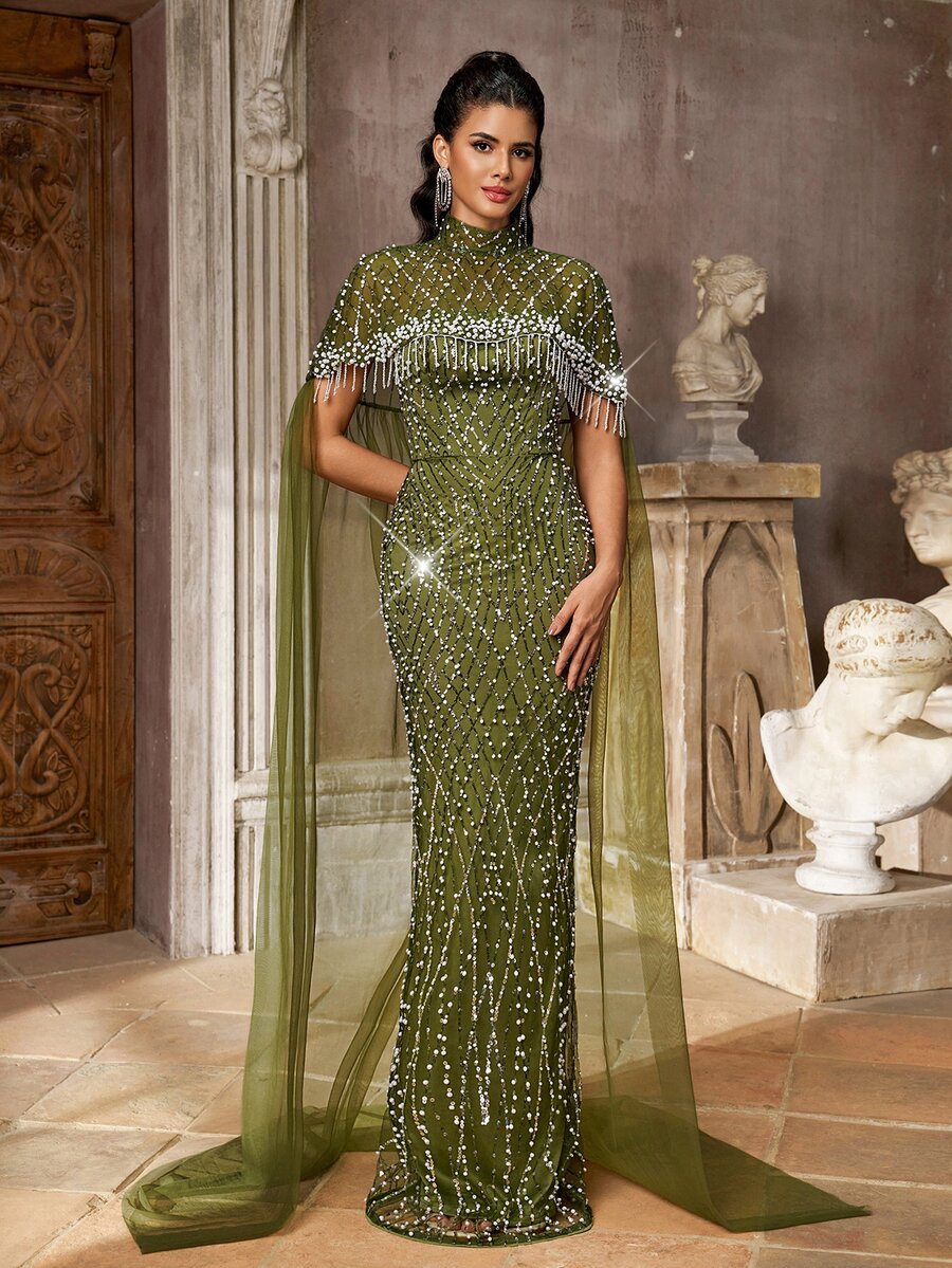Aureia Elegant Champagne Sequin Embroidered Mesh Patchwork Stand Collar Shawl Strapless Long Evening Gown - Green - View 1