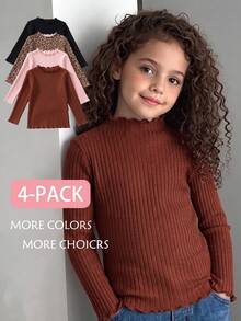 Elladie kids 4pcs Girls Autumn/Winter Ribbed Solid Color & Leopard Print Ruffle Long Sleeve Tops, Cute T-Shirt Undershirts Spring/Autumn, Versatile Fashion Tops - Multicolor - View 4