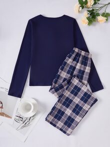 1 Set Girls' Plaid Pajama Set, Navy Blue Solid Color Half-Button Top, Blue & White Classic Plaid Print Pants, Soft Skin-Friendly Woven Fabric, Smooth Drape Comfortable (1 Set Sold Separately) - Multicolor - View 2