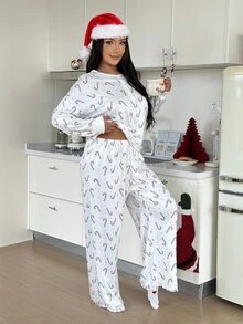 ZzzCrew Plus Size Women's Pajamas Set With Faux Buttons, Christmas Candy Cane Print, Rolled Hem Casual Loungewear - White - View 4