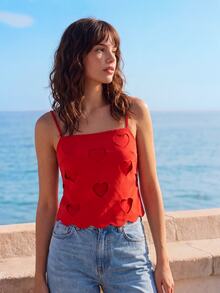 CAJUNI Heart Shape Red Blouse Casual Chic Elegant Summer Special Fabric Valentines Day - Red - View 3
