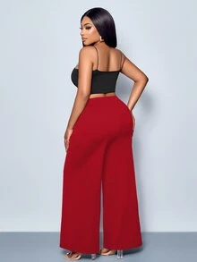SHEIN CURVE+ 大尺碼女款純色腰帶裝飾寬腿長褲，適合四季穿著，適用於派對、演唱會、日常通勤風格、音樂節、浪漫場合、情人節、度假 - 紅色 - 查看 5
