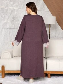 Lacomfia Knitted Dark Red Dress Casual Daily Versatile Loose Long Sleeve Patchwork Lace Trim Button Design Comfortable Home Wear Plus Size Dress - Red - View 2