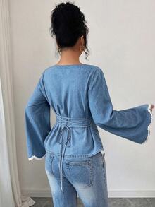 GlowEve Women's Round Neck Long Sleeve Patchwork Floral Lace Trim Denim Top - Blue - View 3
