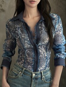 Livesso Tall Women's Floral Print Lace Patchwork Fitted Shirt With Turn Collar And Cinching Waist - Blue - View 9