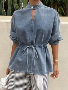 Livesso Tall Women's Pleated Casual Versatile Daily Denim Top - Light Wash - View 4